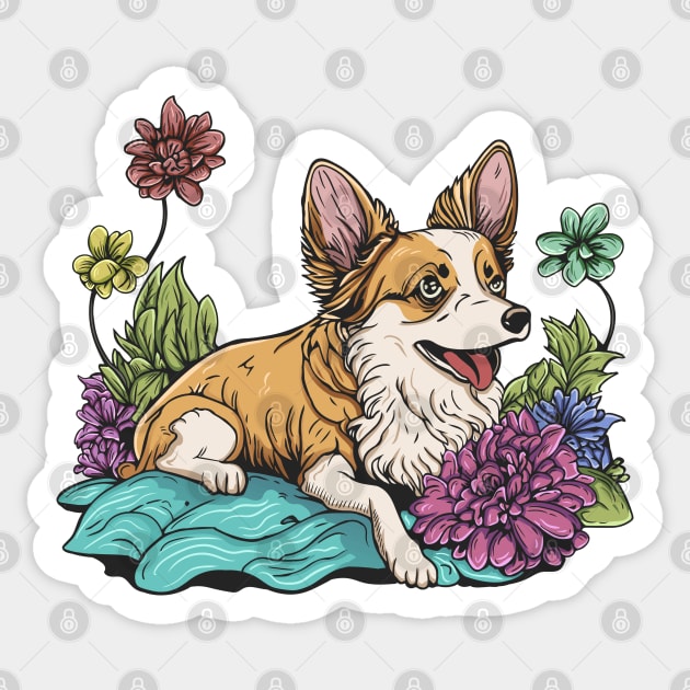 Cute Corgi Dog with Flowers in Summer Time Sticker by eijainspire